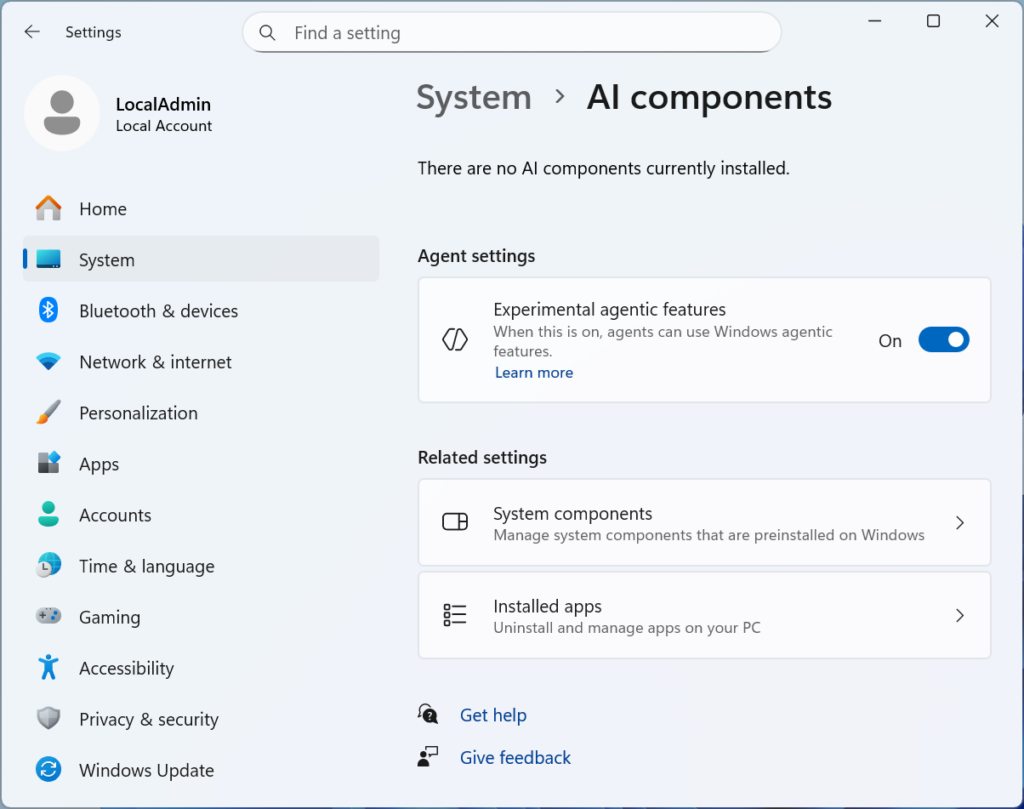 UI showing the Windows Settings app, specifically under System > AI components where users can activate the “Experimental agentic features” toggle.