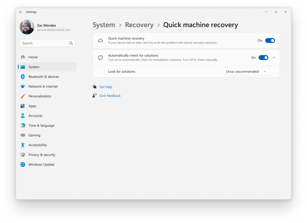 In Settings for Systems, Recovery, “Quick machine recovery” and “Automatically check for solutions” are enabled to run a onetime QMR scan by default.