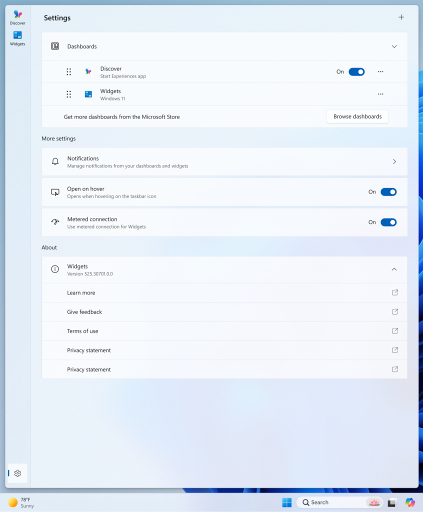 Widgets board with a redesigned Widget Settings page that allows dashboard to be re-arranged