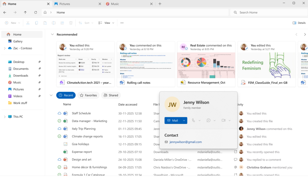 Interfaccia utente che mostra la scheda Persone di Windows in Esplora file per un membro della famiglia.