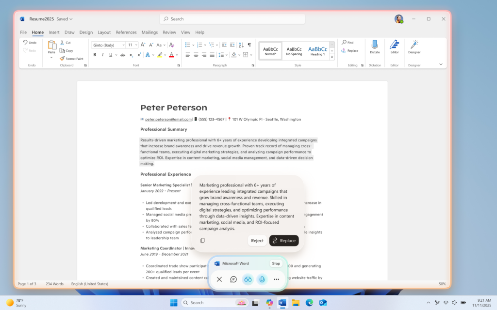 Interfaccia utente che mostra le azioni Copilot per la modifica del testo durante una sessione di Copilot Vision.