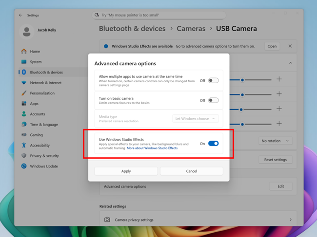 New option inside Settings to turn on the ability to use Windows Studio Effects on an additional camera highlighted in a red box.