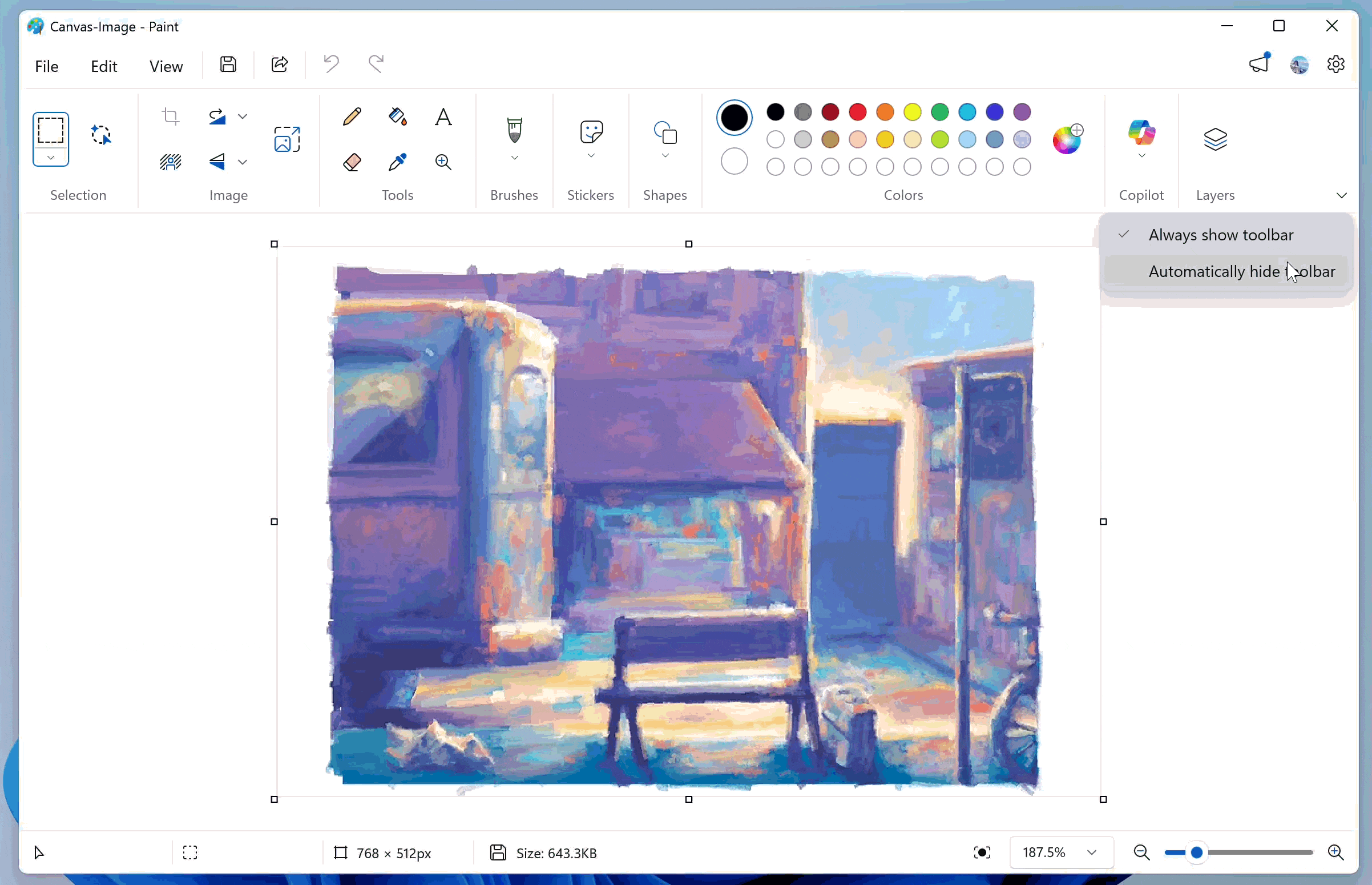 Paint App GIF showing the collapsable toolbar.