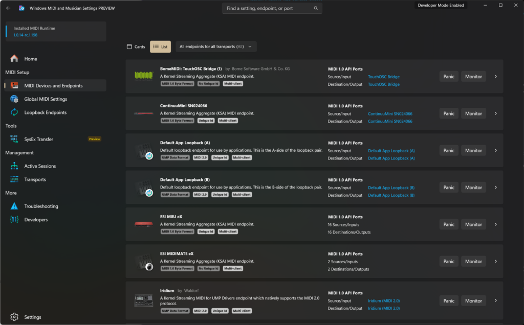 Application Paramètres des services MIDI Windows