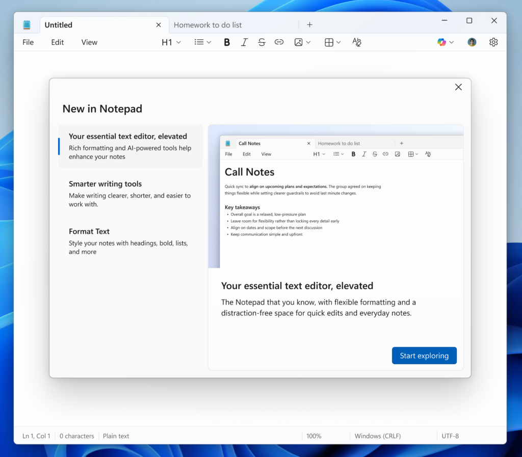 Notepad app screenshot of the updated “What’s New” first run experience.