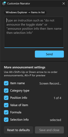 UI showing the Narrator customization panel adjustable announcement settings in Windows 11.