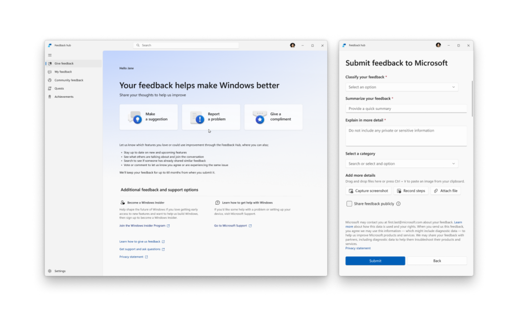 Feedback Hub app in Windows 11 showing the redesigned home screen and new feedback form.