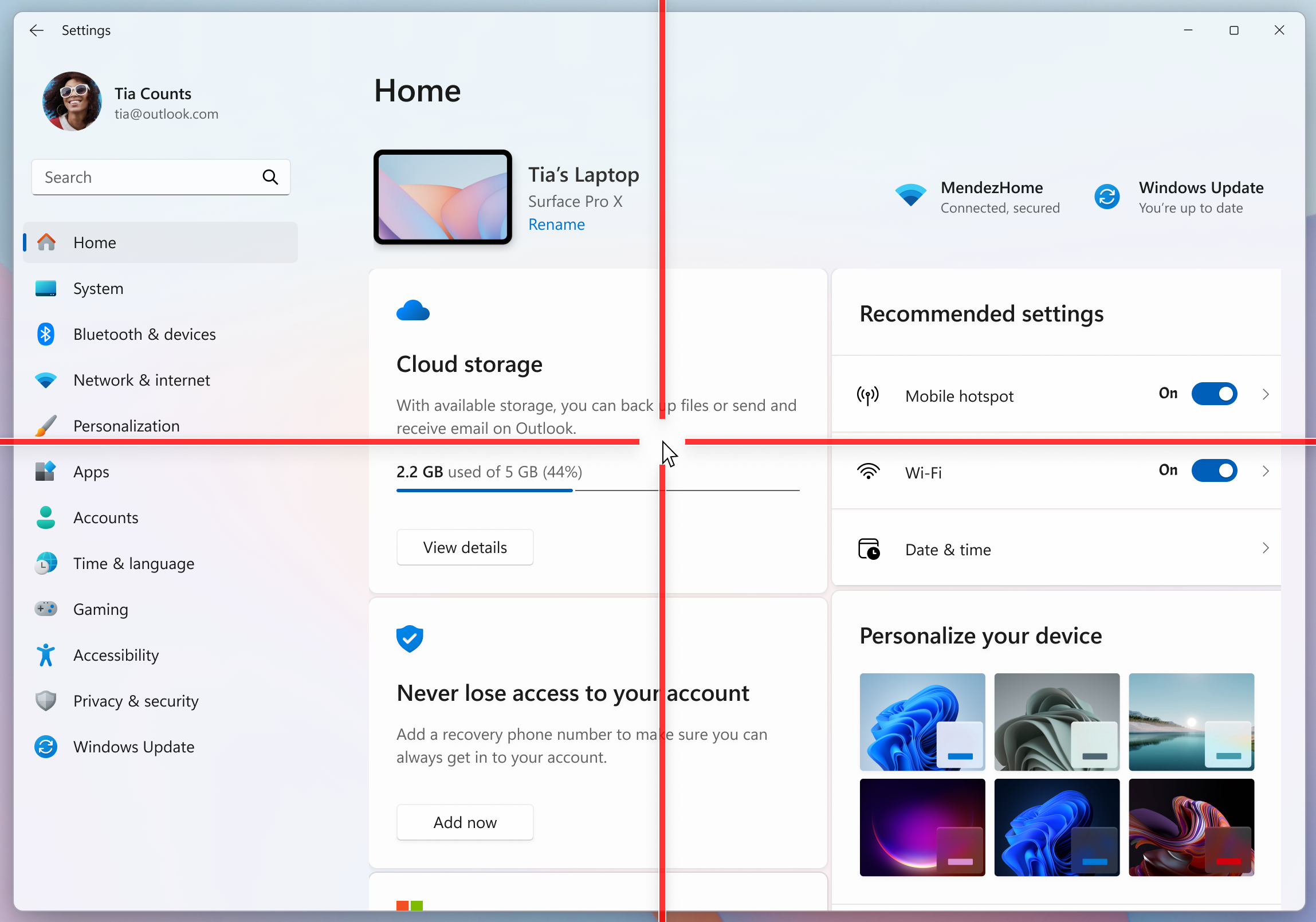 Indicateur de pointeur de souris affiché au-dessus des Paramètres dans Windows 11. 