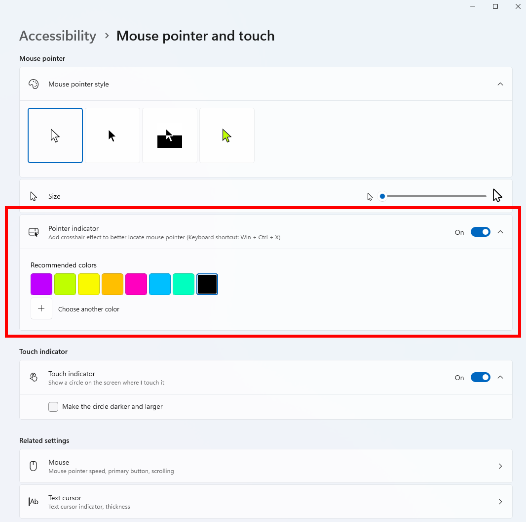 Paramètres affichés pour activer l'indicateur de pointeur de la souris. 