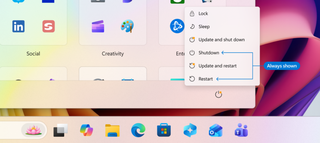 Showing ability to restart and shut down without installing updates