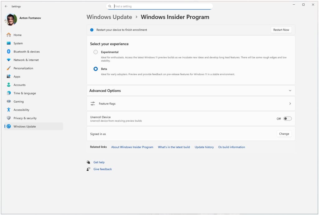 Newly updated Windows Insider Settings screen showing the new Experimental and Beta channels