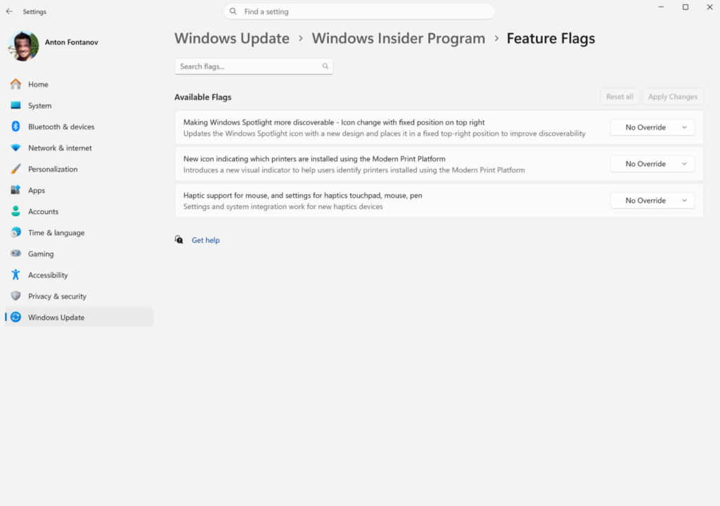 The new Feature flags screen in Settings