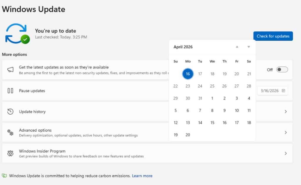 Showing ability in Windows Update to extend update pause