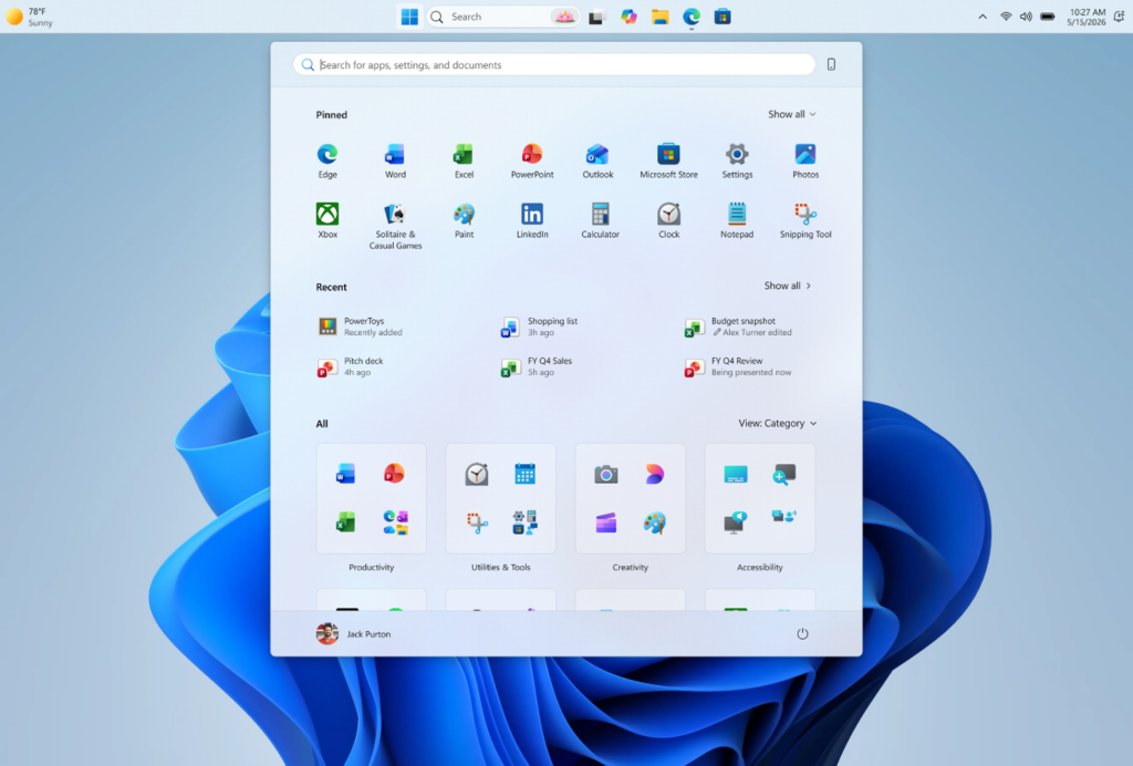 Screenshot of the taskbar in the top-aligned position, with Start opening from the top.