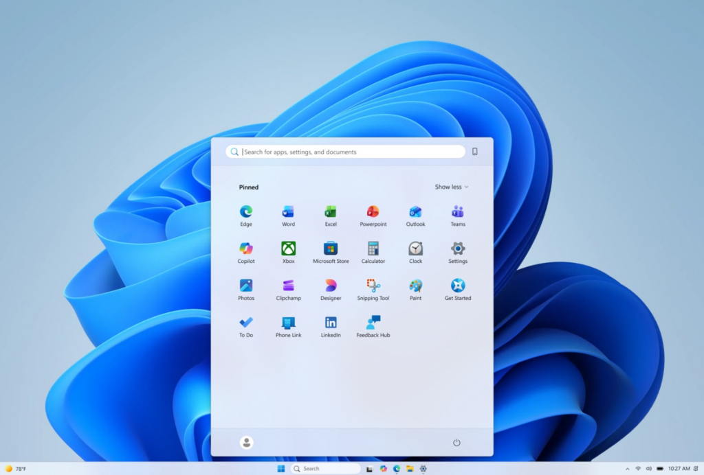 Screenshot showing Start in a minimal "pins only" configuration with hidden name and profile picture.