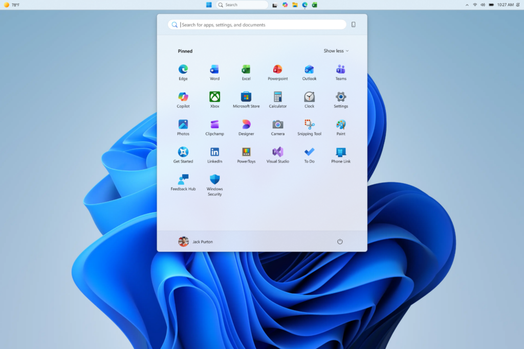 Screenshot showing top-aligned small taskbar with Start in a minimal "pins only" configuration.