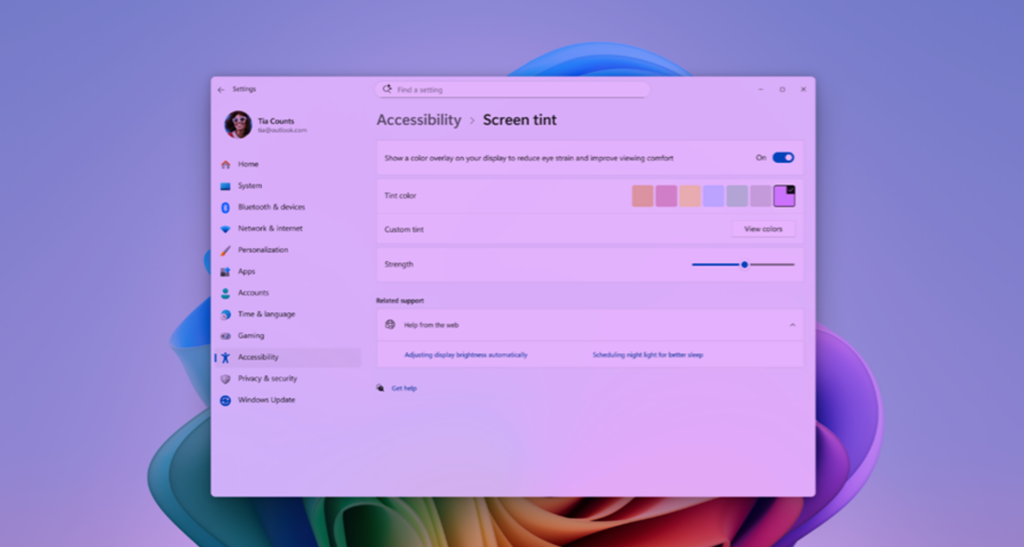 UI showing screen tint in Accessibility, with color presets and a strength slider.