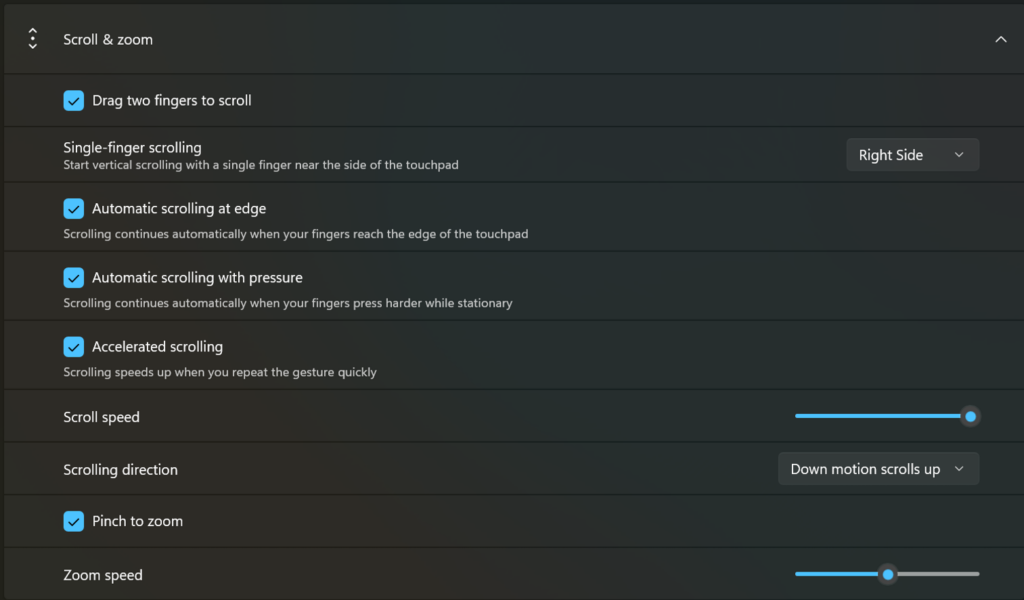 Touchpad improvements bring new gesture capabilities including automatic scrolling, gesture speed controls, accelerated scrolling, and optional single-finger scrolling support.