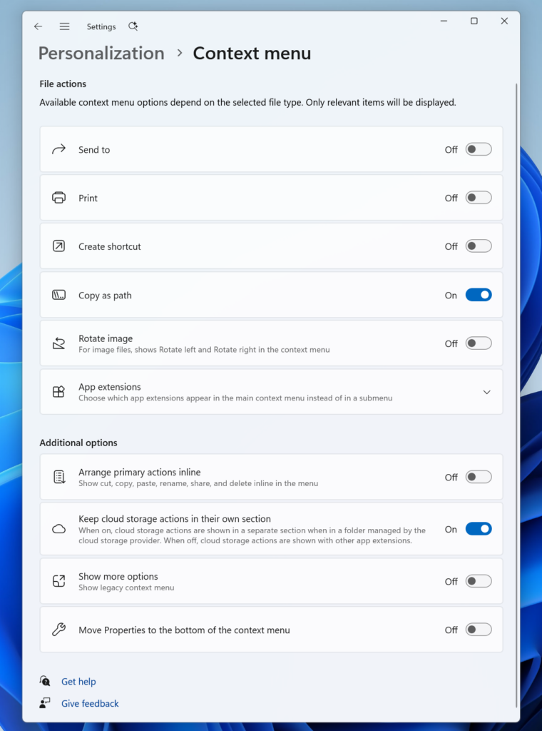 The new Context Menu page in the Settings app, under Personalization.