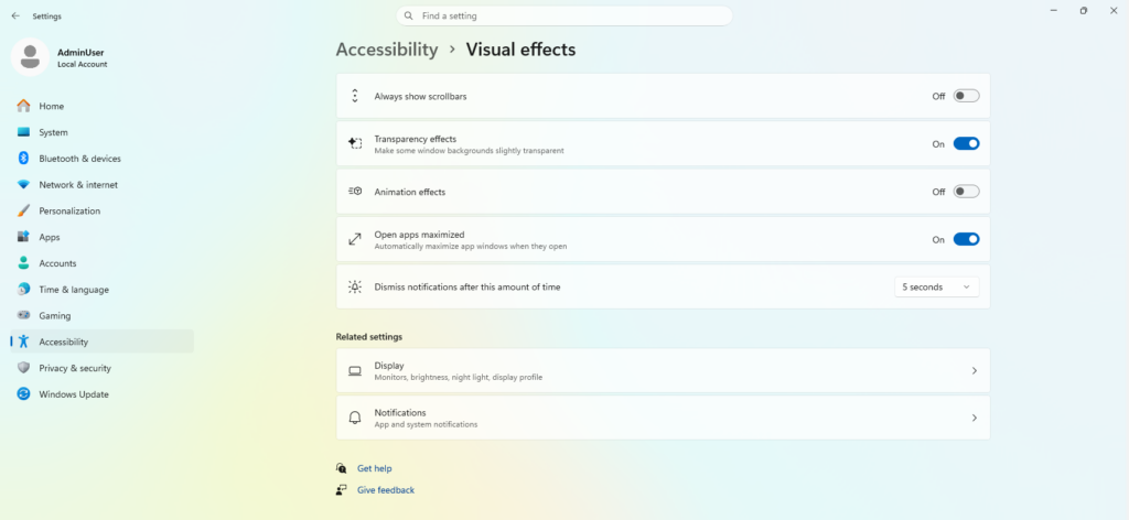 UI showing the new "Open apps maximized" accessibility setting in Settings > Accessibility > Visual effects.