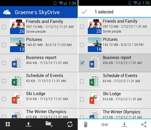 SkyDrive Android Files and folders view and file selected view SkyDrive for Android with files and folders view and file selected view