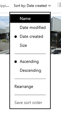 SkyDrive sorting options - name, date modified, created, size, ascending, descending and rearrange