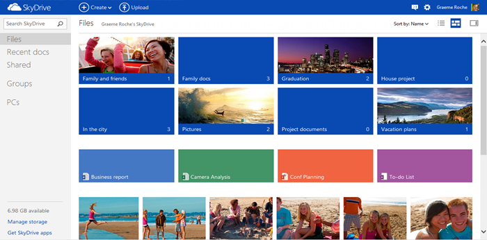 Pictures and documents arranged in a grid, with Files, Recent docs, Shared, Groups, and PCs in left nav
