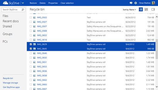 List view of the recycle bin that shows two images are selected.