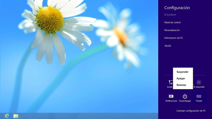 Configuración con las opciones de apagado visibles