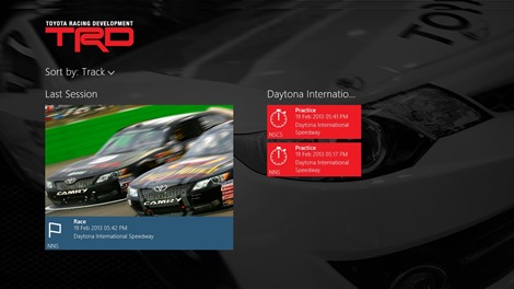 The Event Hub lists all sessions saved in Trackside, and displays relevant metadata on each tile.