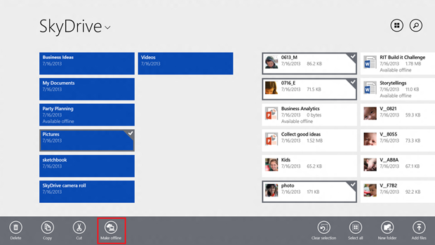 SkyDrive app with several files and folders selected and with Make offline button at bottom of screen