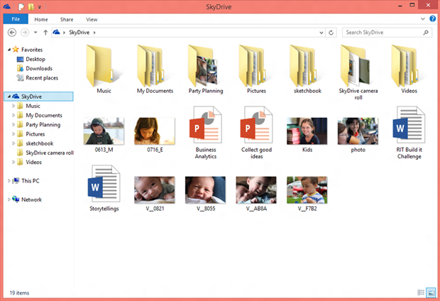 Desktop file explorer with Favorites, SkyDrive, This PC, and Network