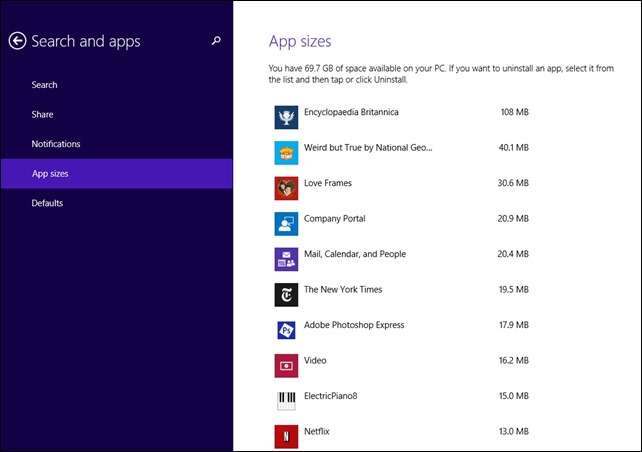 App sizes screen shot