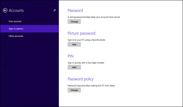 The Sign-in options screen