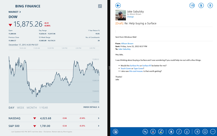 Secondary Mail window displaying a reply with editing controls side by side with the Stocks app.